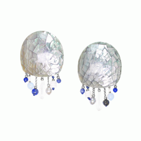 Клипсы из аквамарина, халцедона, жемчуга, содалита, моллюска и горного хрусталя ODYSSEE 11--34641