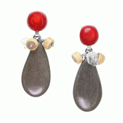 Серьги из кокоса, коралла, горного хрусталя и серого эбенового дерева ICELAND 12--34905