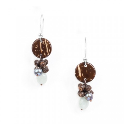 Серьги из кокоса, нефрита, аквамарина и жемчуга TAMAKO 12--74036